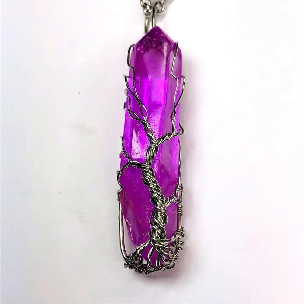 Wire Wrapped Quartz Crystal Necklace Tree of Life, Lavender - Picture 8 of 15
